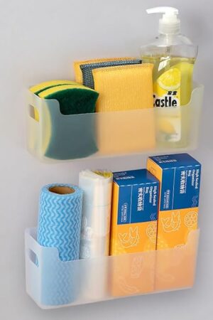 2 Pcs Kitchen Cabinet Door Organizer,Adhesive Mount Inside Cabinet Door Storage,Under Sink Door Storage Shelf for Kitchen,Bathroom,Office,Garage,Craft Room(Transparent)