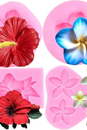 ZiXiang Plumeria Flower Silicone Mold Hibiscus Flower Fondant Molds For Cake Decorating Cupcake Topper Chocolate Candy Polymer Clay Gum Paste Set Of 4