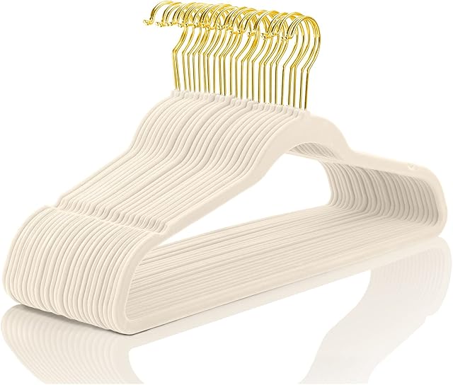 MIZGI Premium Velvet Hangers Pack 50 Pcs Heavyduty - Non Slip Slimline - Velvet Suit Hangers Ivory - Gold Hooks,Space Saving for Clothes