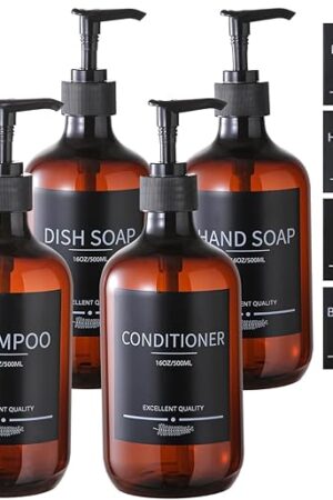 5Pack Amber Shower Bottles Refillable with Labels,16.9oz(500ml) Reusable Shampoo and Conditioner Bottles,Shampoo Dispenser Bottles