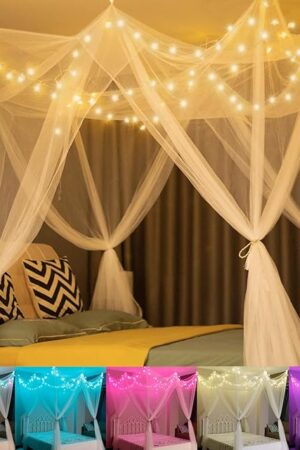 White Bed Canopy with 24 Colors Star Lights for Girls, 8 Corner Princess Canopy Bed Curtains with Color Changing LED String Lights Remote Timer for Adults Women Bedroom, Twin Full Queen King Bed