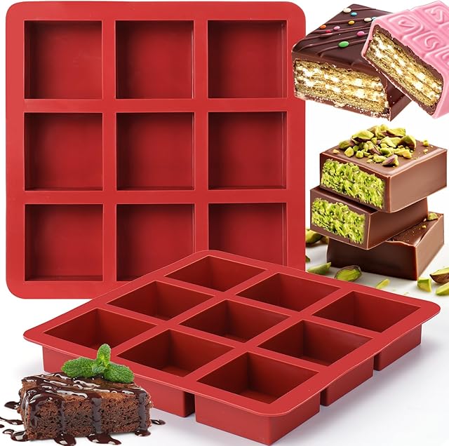 AIERSA Square Chocolate Molds Silicone, 2pcs 1In Deep Chocolate Bar Molds DIY 2.5" x 2.5" x 1" Dubai Chocolate Bar,Chocolate Covered Cookies,Silicone Molds for Baking Granola Bar, Brownie, Muffin