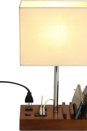 Briever USB Table Lamp, Multi-Functional Bedside Desk Lamp with 2 AC Outlets, 3 USB Charging Ports and Wooden Phone Stands, Modern Nightstand Lamp for Bedroom, Guest Room, Office