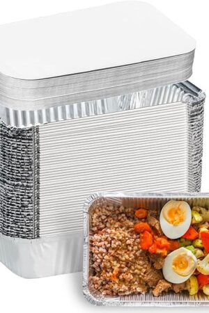 Aluminum Pans with Lids (50-Pack, 8.5"×6") 2.25 LB Capacity Foil Food Containers with Lids - 50 Pans and 50 Cardboard Covers - Disposable Tin Foil Pans - for Baking, Meal Prep and Freezer, Takeout