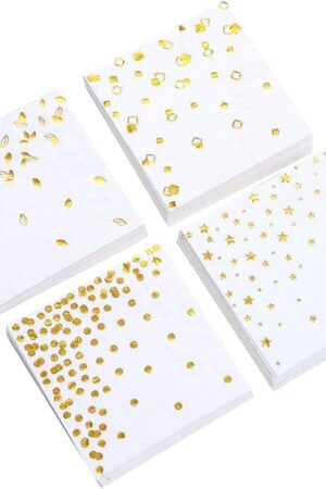 100 PK Gold Napkins - 4 Assorted Designs - 3-Ply Cocktail Napkins Folded 5 x 5 Inches Bar Napkins Disposable Party Napkins Paper Napkins Dinner for Wedding Baby Shower Birthday Graduation 2023