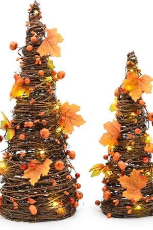 CRCZK 16inch Fall Tree Decoration Indoor, 2PCS Artifical Autumn Rattan Pumpkins Berries and Maple Leaves Decorations for Porch, Light Up Fall Harvest Kitchen Mantle, Table Decor Thanksgiving Decor