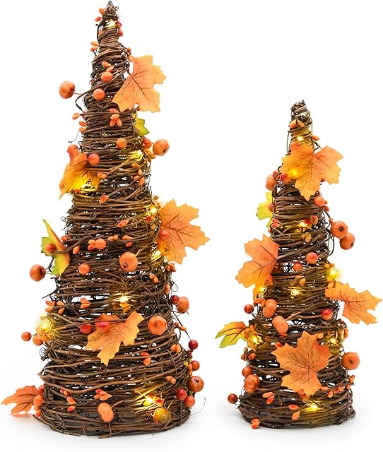 CRCZK 16inch Fall Tree Decoration Indoor, 2PCS Artifical Autumn Rattan Pumpkins Berries and Maple Leaves Decorations for Porch, Light Up Fall Harvest Kitchen Mantle, Table Decor Thanksgiving Decor