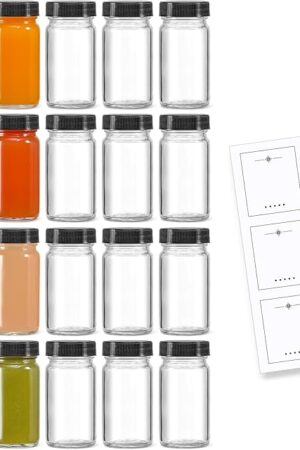 20 PACK 2 oz Glass Shot Bottles w/ Black Lids & 20 Labels - Small Clear Jar for Ginger, Wellness Shot, Juice, Sample, Whiskey - Travel Essentials Mini Bottles - Wide Mouth, Leakproof, Dishwasher Safe