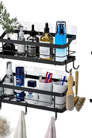 Carwiner Shower Caddy Bathroom Shelf 2-Pack, Basket with 8 Hooks for Hanging Shampoo Conditioner, Stainless Steel Rack Wall Mounted Storage Organizer for Kitchen, No Drilling