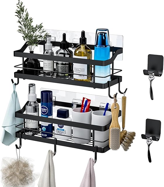 Carwiner Shower Caddy Bathroom Shelf 2-Pack, Basket with 8 Hooks for Hanging Shampoo Conditioner, Stainless Steel Rack Wall Mounted Storage Organizer for Kitchen, No Drilling