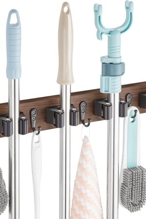 Wall Mount Mop and Broom Holder, Rustic Wood with 4 Slots 4 Hooks