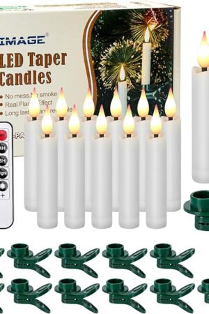 12Pcs LED Taper Candles Light Set Flameless 3D Wick Ivory Candles with Clip-on Christmas Tree Design, 10-Key Remote with Timer, Warm White Light, Battery Operated for Versatile Decoration