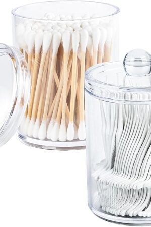 2 Pack Holder Dispenser with Lid Clear Plastic Bathroom Vanity Canisters Jars Cotton Balls Pads Swabs Holder Jar For Bathroom Organization Office Dresser Organizer