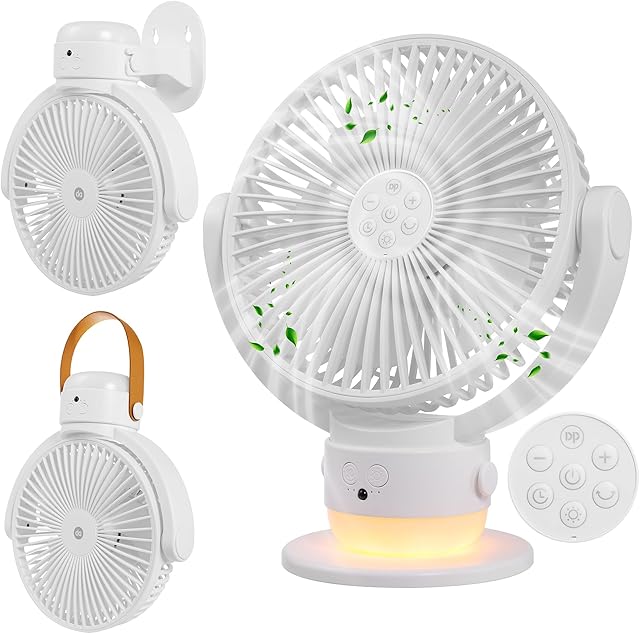 OGZ Portable Fan for Travel Wireless with Remote Timer, 7 Inch Small Desk Fan with LED Night Light 90° Oscillation, Rechargeable USB Fan for Cruise Bed Beside Sleeping Camping Tent