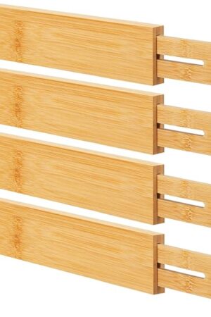 Bamboo Drawer Dividers Organizers, Kitchen Drawer Organizer, Adjustable Drawer Divider for Clothes, Kitchen, Dresser, Bedroom, Bathroom and Office, 4-Pack (Natural, 12-17 IN)