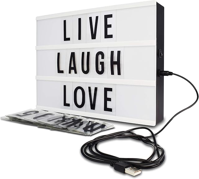 Cinema Style 10-LED Home Decor Large Light Box with 109 Letters and Characters, Wall Mounted or Tabletop, Battery or USB Powered, White