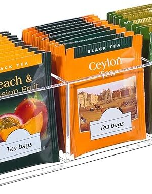 BEYGORM Tea Bag Organizer, Clear Acrylic Teabag Holder and Tea Caddy, Small Tea Packet Storage Box for Drawer, Cabinet, Pantry, Kitchen Countertop, Tea Storage Accessories