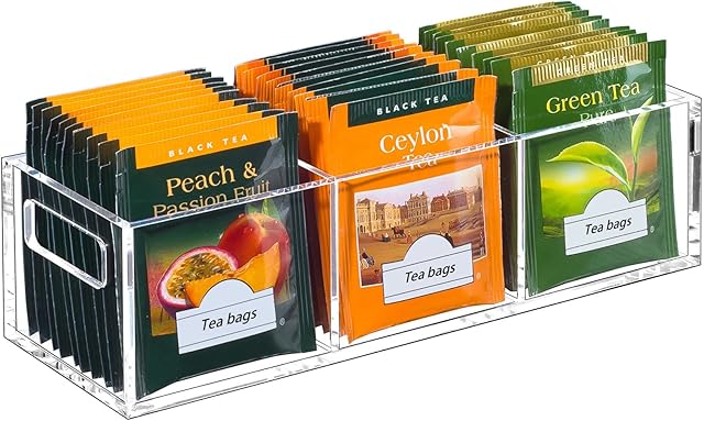 BEYGORM Tea Bag Organizer, Clear Acrylic Teabag Holder and Tea Caddy, Small Tea Packet Storage Box for Drawer, Cabinet, Pantry, Kitchen Countertop, Tea Storage Accessories
