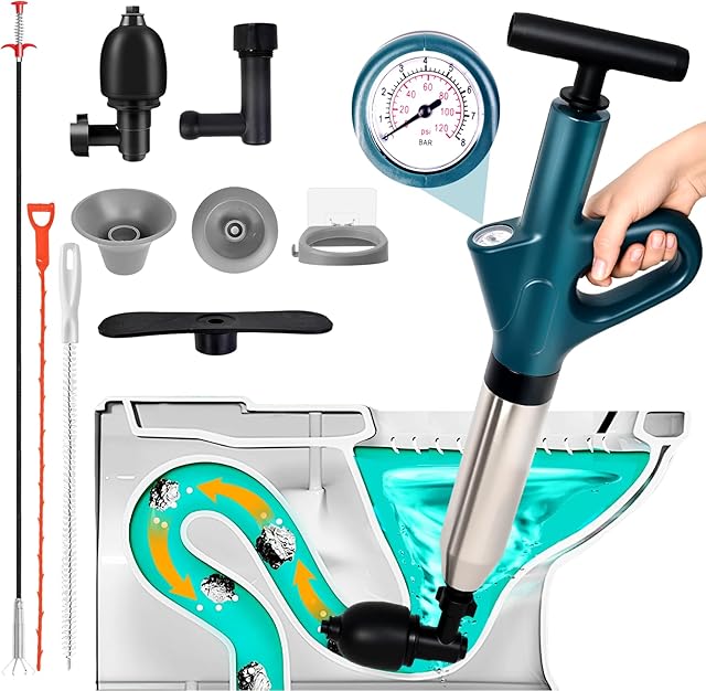 Toilet Plunger Blaster High Pressure Air Plunger Blaster Drain Unclogger for Toilets, Bathroom Floors & Kitchen Sinks, Heavy Duty Power Plunger Clog Remover Declogger Toilet Plumbing Clogs