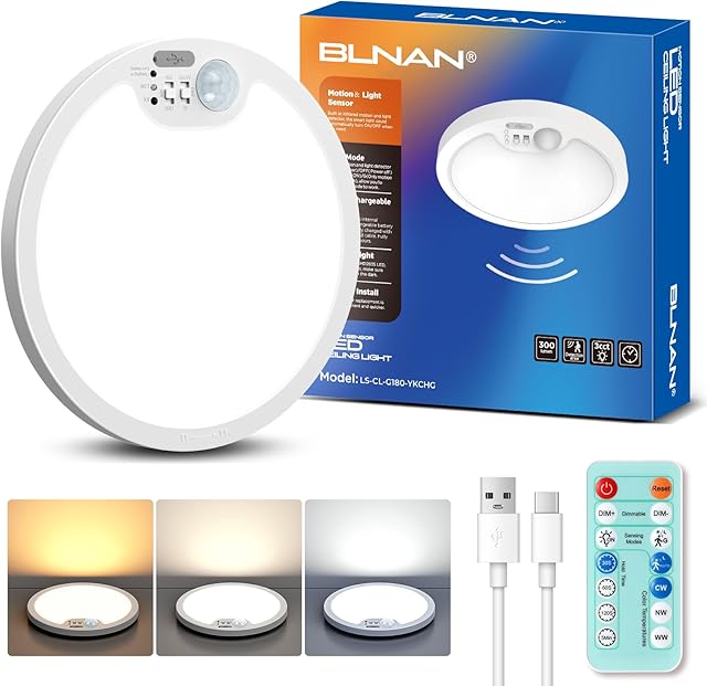 BLNAN Rechargeable Motion Sensor Ceiling Light with Remote, Dimmable Closet Light, LED Shower Lights, Waterproof Battery Operated Ceiling Light for Closet Shower Stairs Shed Hallway Porch