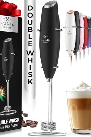 Zulay Kitchen Double Whisk Milk Frother – Handheld Foam Maker for Coffee, Lattes, Matcha, Hot Chocolate & Cappuccinos – Whip Creamy Froth in Seconds, Portable & Easy to Use -