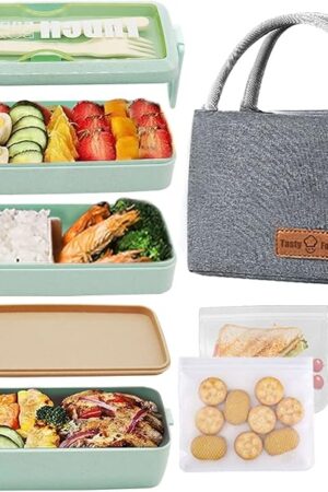 Bento Box Upgrade Japanese Lunch Box Kit,3 Layer Stackable Leakproof Lunch Box Containers with Accessories,Wheat Straw Bento Lunch Box for Kids and Adults