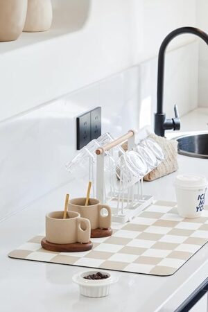 Checkered Dish Drying Mat for Kitchen Counter, Coffee Bar Station Accessories, Retro Cute Aesthetic Modern Absorbent Drainer Mat Kitchen Drying Mat Easy Clean, Beige 12" x 19"