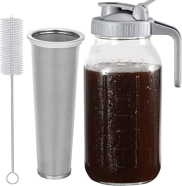 Cold Brew Coffee Maker Pitcher 64 Oz Glass Mason Jar Stainless Steel Filter