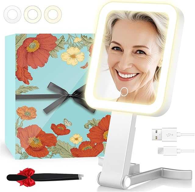 B Beauty Planet Travel Makeup Mirror with Lights, Double-Sided 1X/30X Magnifying Mirror, 3 Color Lighting & Dimmable Touch Screen, Foldable Handheld Mirror with Lights, Compact&Portable(10" L x 5" W)