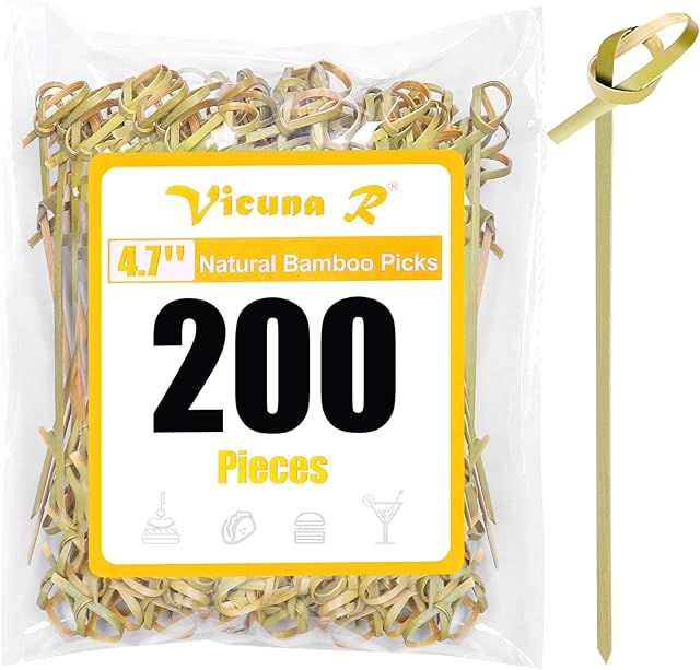 200PCS Cocktail Picks Bamboo Skewers for Appetizers, Fancy Toothpicks for Appetizers, 4.7 Inch Long Decorative Knot Bamboo Cocktail Sticks for Party Drinks Food Fruit Charcuterie Boards Accessories