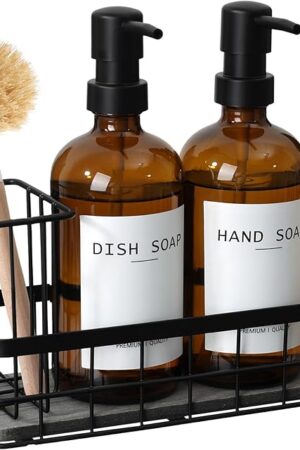 Dish Soap Dispenser for Kitchen, 16.9 fl oz Amber Hand and Dish Soap Dispensers, Kitchen Soap Dispenser Set with Sponge Holder, Brush Holder and Loofah Sponge, Countertop Sink Organizer Accessories