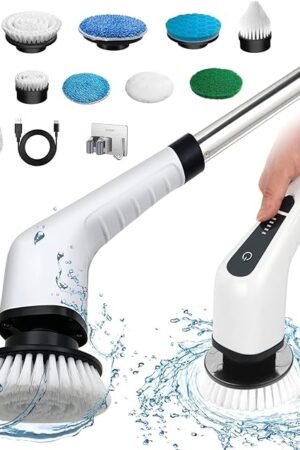 Electric Spin Scrubber, Cordless Bath Tub Power Scrubber with 8 Replaceable Drill Brush Heads, Shower Cleaning Brush with Adjustable Handle for Bathroom, Tile Floor & Car, White, (ANS-8050)