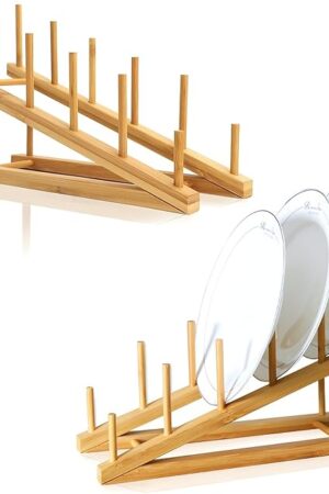 2 PCS Wooden Dish Rack Bamboo Drying Rack Stand Pot Lid Holder Kitchen Cabinet Organizer for Dish Plate Bowl Cup Pot Lid Cutting Board