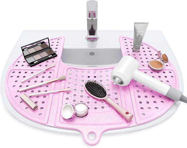 Sink Topper Foldable Sink Cover - Silicone Beauty Makeup Brush Cleaning Mat - Hot Tools Organizer - Bathroom Must Have Accessory for Extra Space & Storage Saver - Traveling - Standard Pink