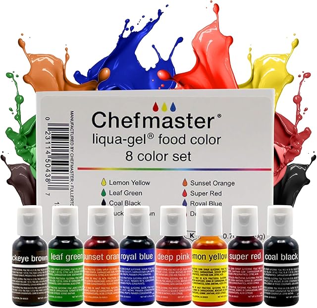 Chefmaster - Liqua-Gel Food Coloring - Fade Resistant Food Coloring - 8 Pack - Vibrant, Eye-Catching Colors, Easy-To-Blend Formula, Fade-Resistant - Made in the USA