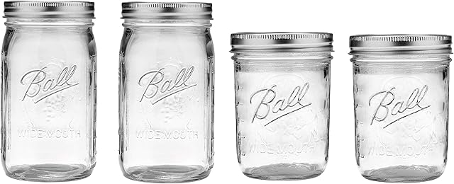 Ball Mason Wide Mouth Jars with Lids and Bands, Set of 4, Two 32oz + Two 16oz Jars (Bundle Pack)