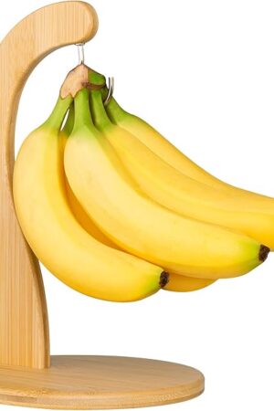 Banana Holder w/ Hanging Hook, Rustic Wooden Grape Stand for Kitchen Countertop, Bamboo Fruit Hanger To Keep Bananas & Fruits Fresh
