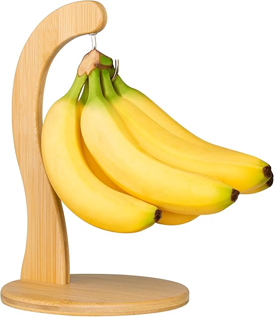 Banana Holder w/ Hanging Hook, Rustic Wooden Grape Stand for Kitchen Countertop, Bamboo Fruit Hanger To Keep Bananas & Fruits Fresh