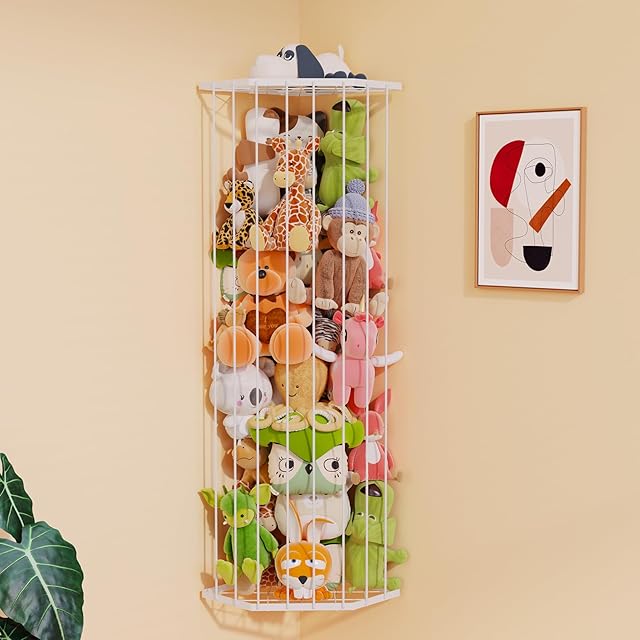 BBLlKE Stuffed Animal Storage Zoo - Corner Plush Toy Organizer Length Adjustable, Wall Hanging Stuffed Animal Net Holder for Nursery Playroom Bedroom Kids Room, White