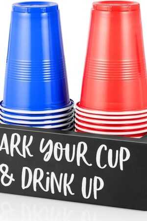 DRASTAR Double Disposable Cup Holder with Marker Slot, Mark Your Cup and Drink Up Caddy, Wood Disposable Cup Holder, Plastic Cup Organizer, Gift for Hosting Essentials, Black