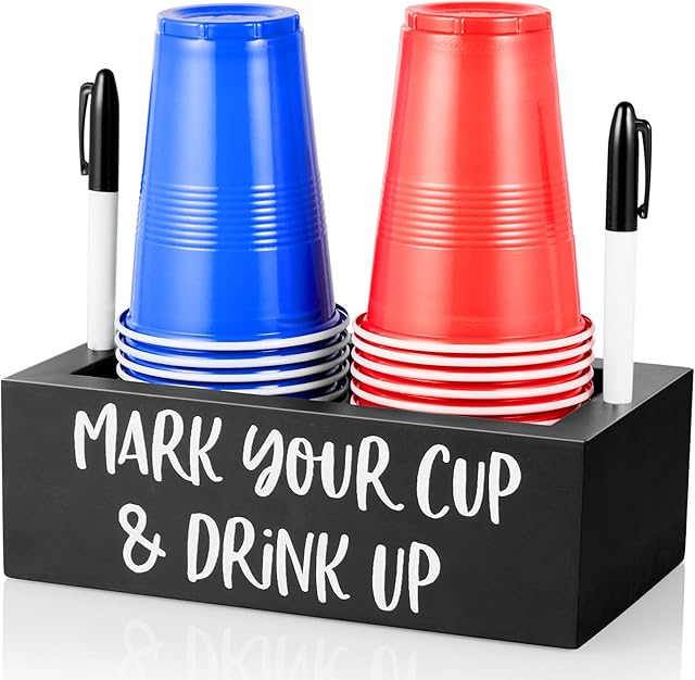 DRASTAR Double Disposable Cup Holder with Marker Slot, Mark Your Cup and Drink Up Caddy, Wood Disposable Cup Holder, Plastic Cup Organizer, Gift for Hosting Essentials, Black