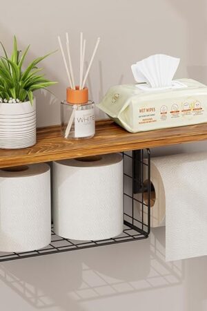 VITVITI Toilet Paper Holder with Shelf, Wall Mounted Toilet Paper Storage Basket, Wood Metal Toilet Roll and Wipes Holder for Bathroom Farmhouse (Brown)