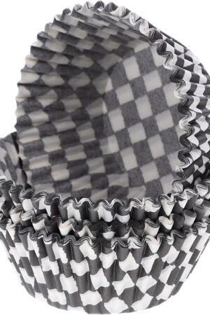 100Pcs Checkered Cupcake Liners, 2.95in Baking Cup Cup Cake Wrappers, Wrapped Muffin Papers Black and White Checkered Cupcake Liners for Birthday Decorations and Party Supplies