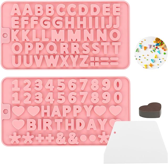 2 pcs Letter Chocolate Molds and Number Silicone Molds,Reusable Alphabet Candy Molds Non-Stick Happy Birthday Cake Decorations Baking Mould for Party
