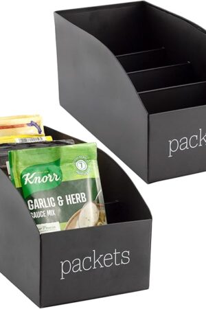 AuldHome Design Enamelware Food Packet Organizers (2-Pack, Black), Modern Farmhouse Pantry Organization Divided Compartment Bins for Mixes and Spice Packets