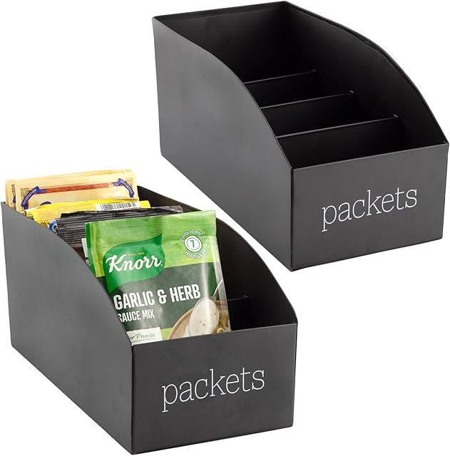 AuldHome Design Enamelware Food Packet Organizers (2-Pack, Black), Modern Farmhouse Pantry Organization Divided Compartment Bins for Mixes and Spice Packets