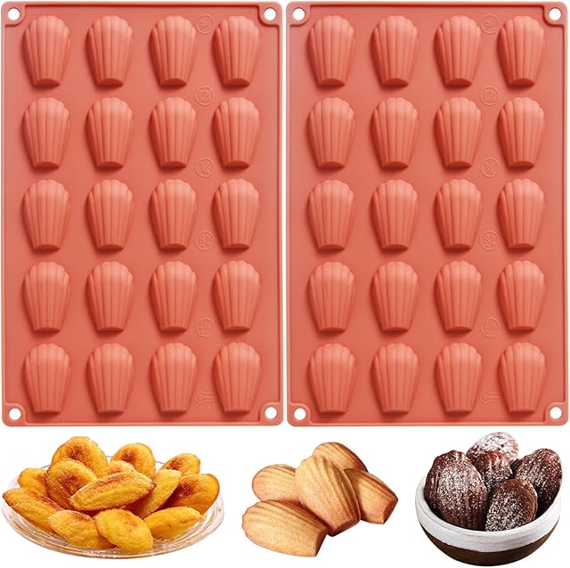 2Pcs Madeleine Pans for Baking, 40-Cavity Nonstick Shell Shaped Baking Tray, Madeleine Silicone Mold Cookie Pan for Cake Chocolate Candy, 11.8 x 7.6 x 0.5 inches, Terracotta