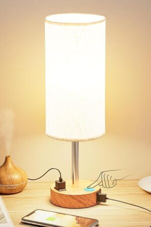 Bedside Table Lamp for Bedroom - 3 Way Dimmable Touch Lamp USB C Charging Ports and AC Outlet, Small Lamp Wood Base Round Flaxen Fabric Shade for Living Room, Desk, LED Bulb Included