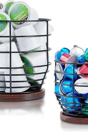 Yangbaga 2pcs Coffee Pod Holder - Large Capacity Black Wire K-Cup Holder With Wooden Base, Modern Basket Bar Decor for Station, Espresso Pods & Capsules, Fruit Snack Storage