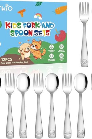 DRKIO Stainless Steel Toddler Utensils Set - 12 Pieces Kids Silverware Set Children Safe Food Grade Small Forks and Spoons Dishwasher Safe Mirror Polished